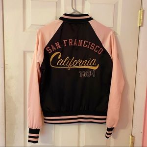 New Pink Black Varsity Bomber Satin Jacket Size XS California San Francisco Cute